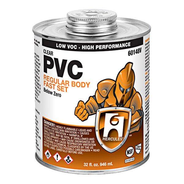 A white and orange can of Hercules PVC Regular Clear Cement.