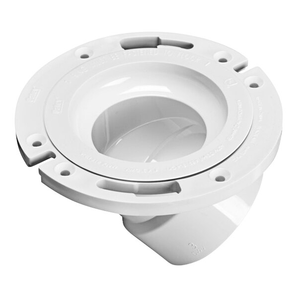 A white plastic Oatey Level Fit PVC water closet flange with holes.