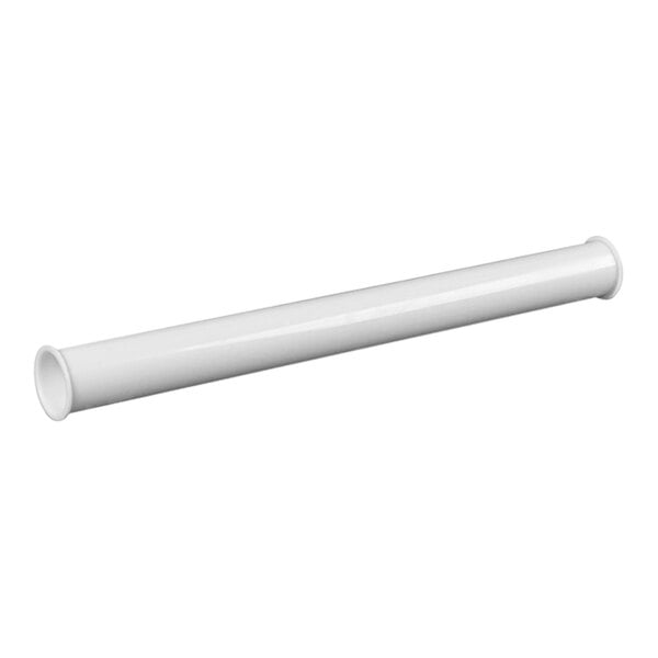 A white plastic tube with double flanged ends and a long black handle.