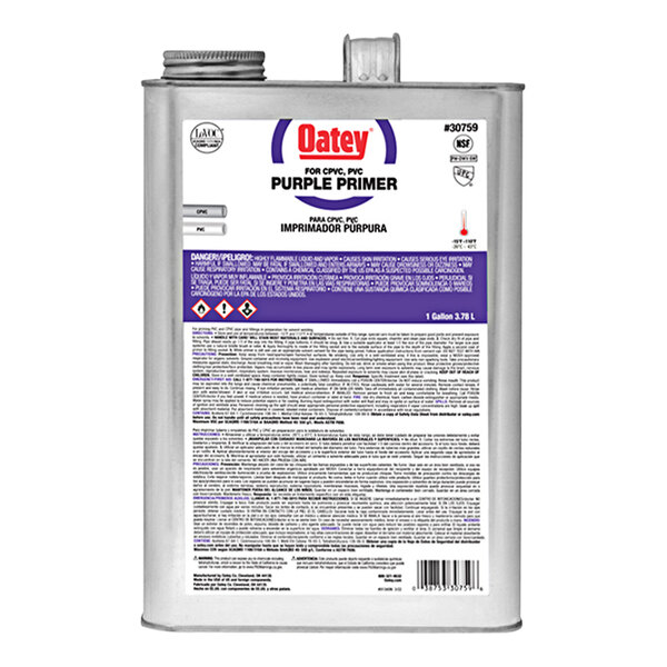 A silver container of Oatey 1 Gallon Purple Primer with text on it.