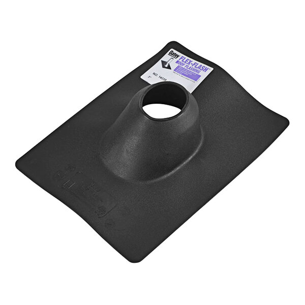 A black plastic Oatey Flex-Flash roof flashing with a hole in the middle.