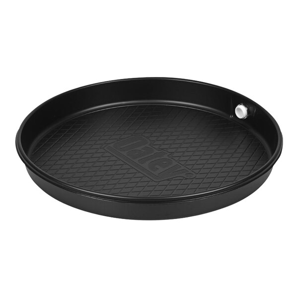 A round black plastic water heater pan with a white handle.