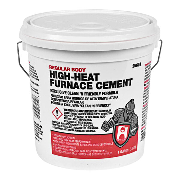 A white bucket of Hercules Regular Body High-Heat Furnace Cement with red and black text on the label.