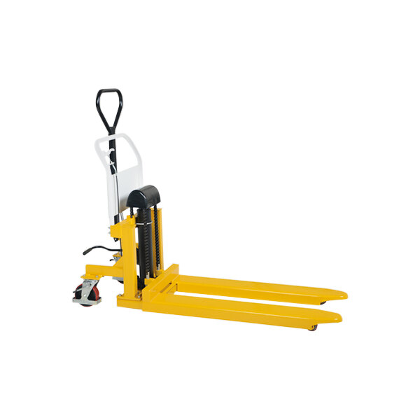 A yellow Vestil Tote-A-Load hydraulic pallet truck with black wheels.