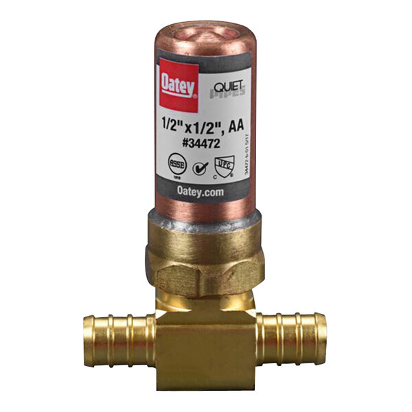 An Oatey brass AA tee hammer arrestor with copper and PEX connections.