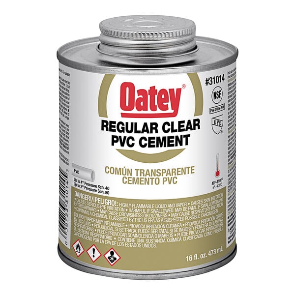 A can of Oatey regular clear PVC cement with a white label.