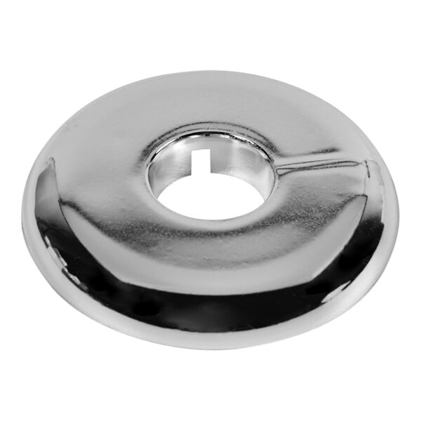 A silver plastic split flange with a hole in the center.