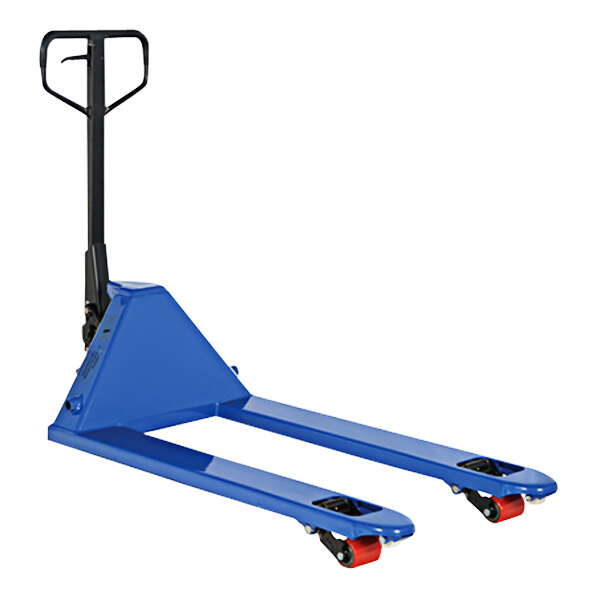 A blue Vestil steel pallet truck with red wheels and a handle.
