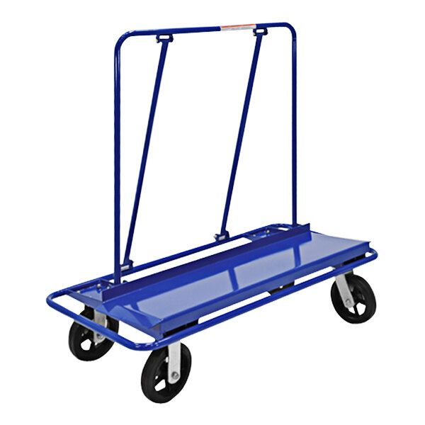 A blue Vestil steel panel cart with rubber casters.