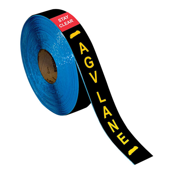 A roll of blue safety tape with yellow text reading "Stay Clear AGV Lane"