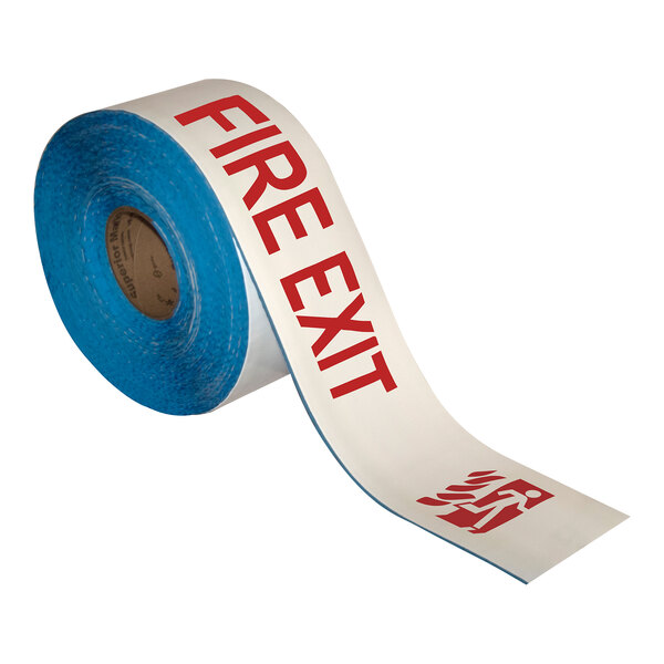 A roll of Superior Mark white and red "Fire Exit" safety tape.