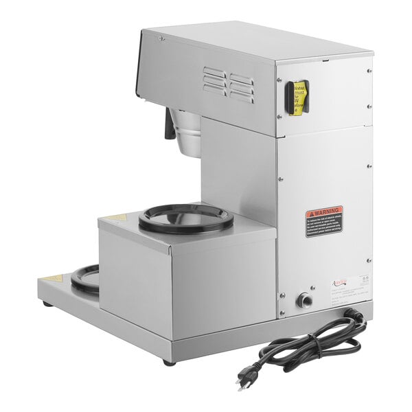 An Avantco commercial automatic coffee maker with a cup on it.