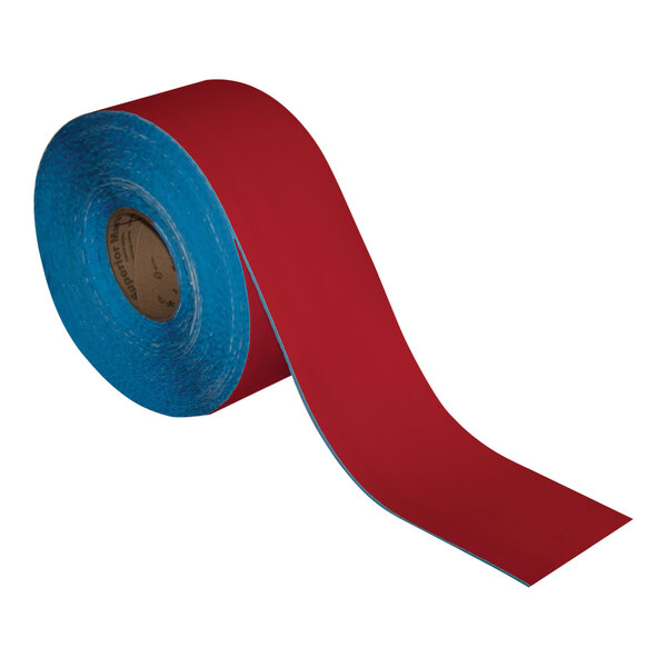 A roll of red tape with the words "Superior Mark 4" x 100' Red Customizable Safety Floor Tape" on the label.