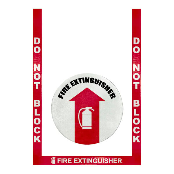 A white circular sign with a red and white arrow and the words "Do Not Block" above a red circular sign with a fire extinguisher and arrow.