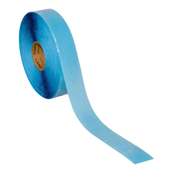 A roll of blue tape with white labels on it.