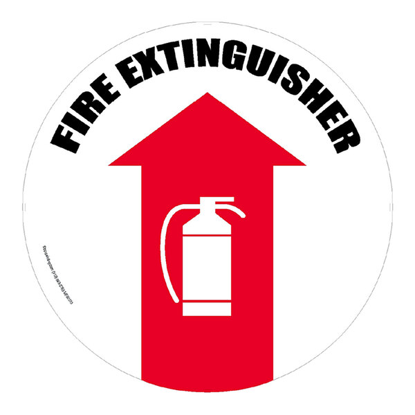 A red and white vinyl floor sign with a fire extinguisher and arrow pointing up.