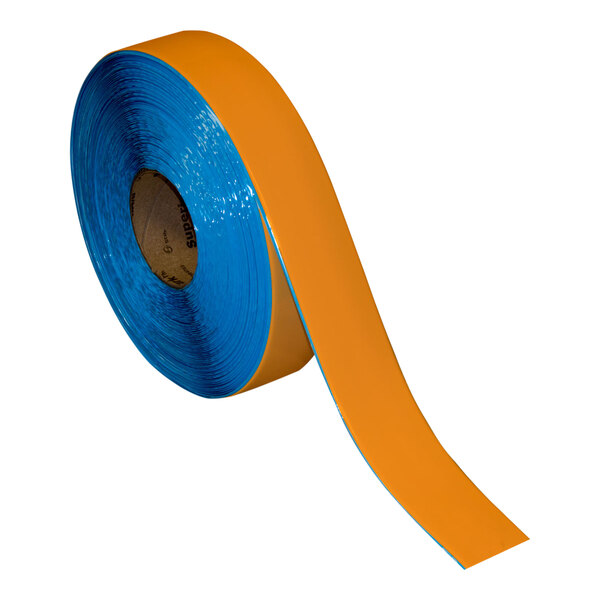 A roll of blue tape with orange stripes.