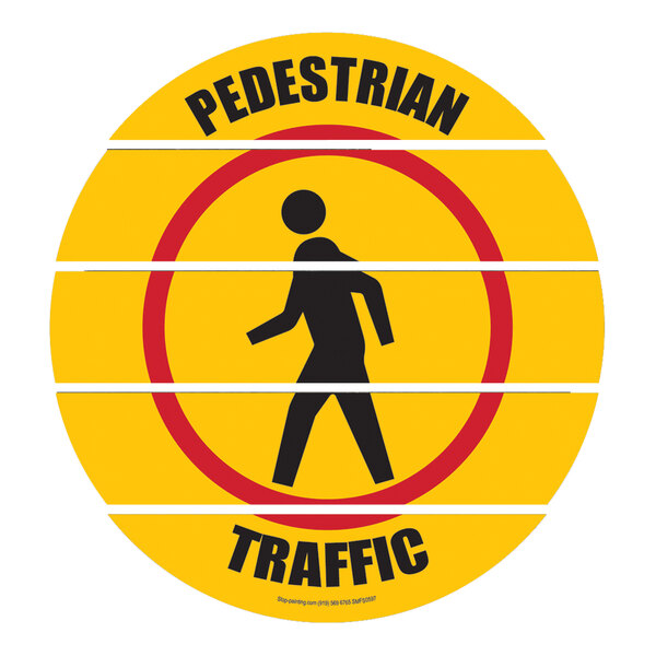 A yellow Superior Mark floor sign with a black silhouette of a person walking in a circle and black and red text.