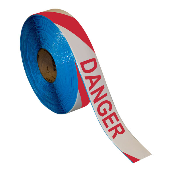 A roll of red and white striped "Danger" safety tape.