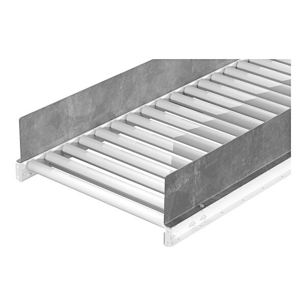 A white metal side guide for a roller conveyor.