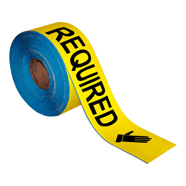 A roll of yellow and black tape with the words "Hand Protection Required" on it.