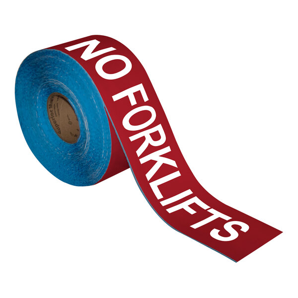 A roll of Superior Mark red and white safety tape with white text reading "No Forklifts"