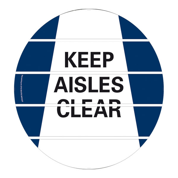 A white and blue Superior Mark "Keep Aisles Clear" safety floor sign with black text.