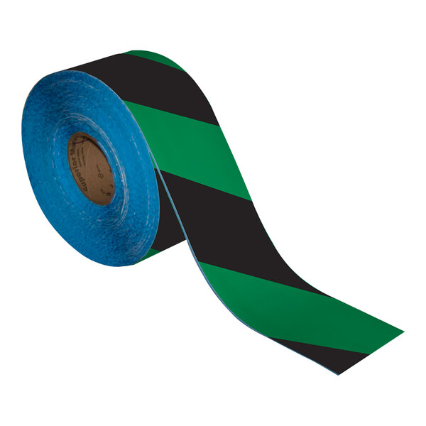 A roll of Superior Mark black and green striped safety tape.