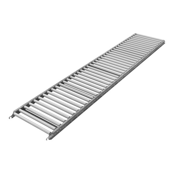 A long metal roller conveyor with galvanized steel rollers.