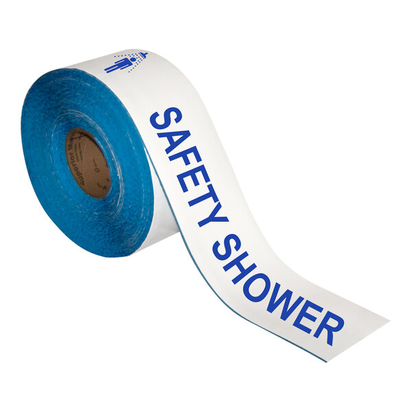 A roll of Superior Mark white and blue safety shower tape.