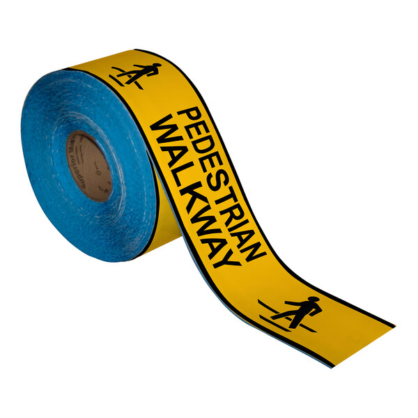 A roll of yellow and black Superior Mark Safety Floor Tape with the words "Pedestrian Walkway" in yellow.