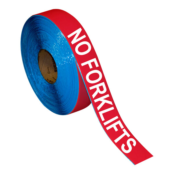 A roll of red and white Superior Mark safety tape with the words "No Forklifts" on it.
