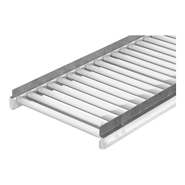 A metal side guide for a roller conveyor with a white background.