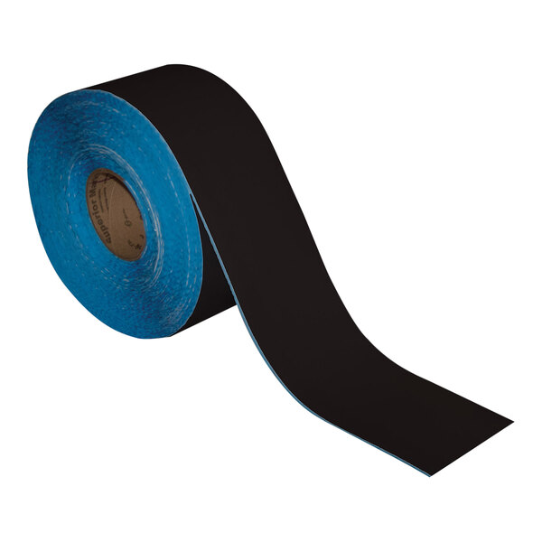 A roll of black tape with a label that says "Superior Mark 4" x 100' Customizable Safety Floor Tape"