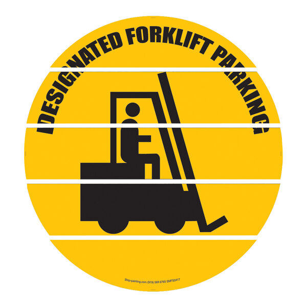 A yellow Superior Mark floor sign with black text reading "Designated Forklift Parking" and a forklift symbol.