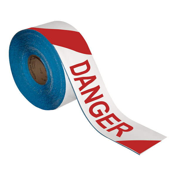 A roll of red and white striped "Danger" safety tape.