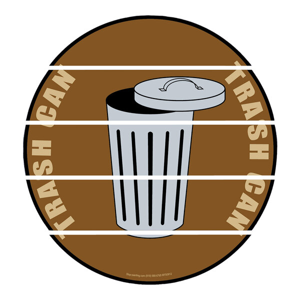 A white and gray floor sign that says "Trash Can" with a logo of a trash can.
