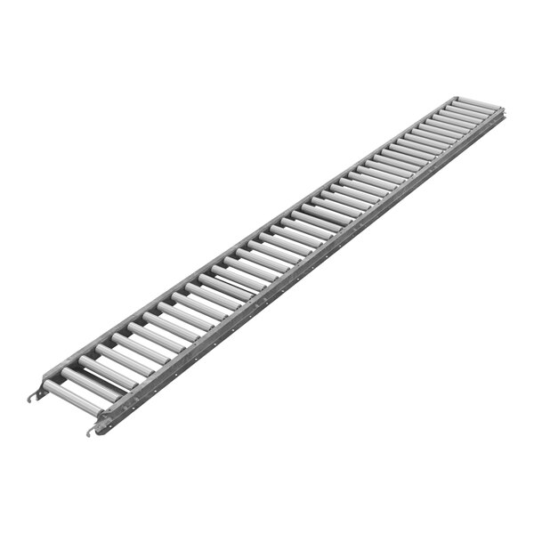 A long metal roller conveyor belt with galvanized steel rollers on it.