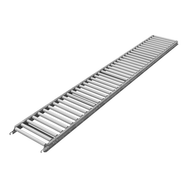 A long metal roller conveyor belt.