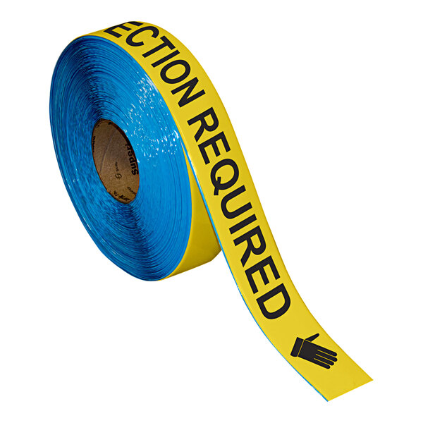 A roll of blue and yellow Superior Mark safety tape with black text reading "Hand Protection Required"