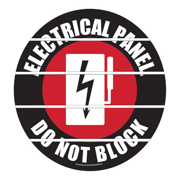 A red and black circular Superior Mark floor sign with white text that says "Electrical Panel Do Not Block"