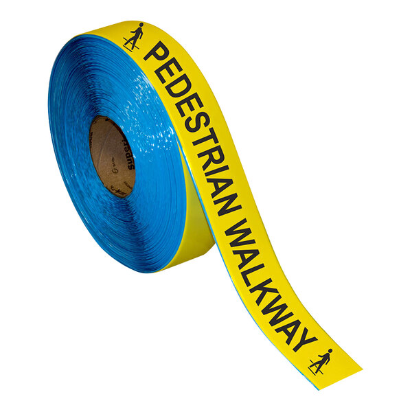 A roll of yellow and black Superior Mark safety tape with the words "Pedestrian Walkway" on it.