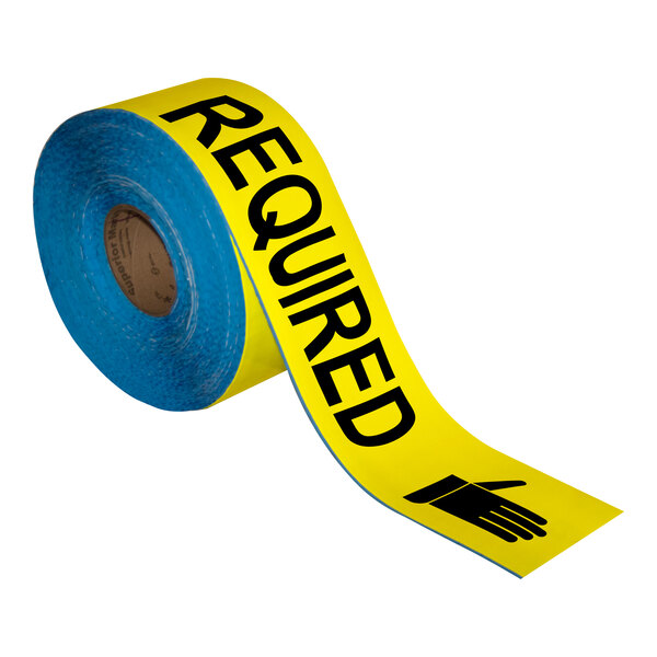 A roll of yellow and black safety tape with the words "Gloves Required" on it.