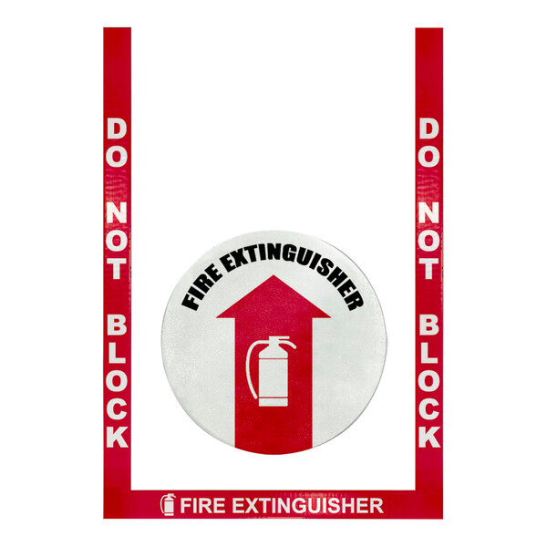A white circular floor sign with a red and white arrow and the words "Do Not Block" above a red and white fire extinguisher symbol.