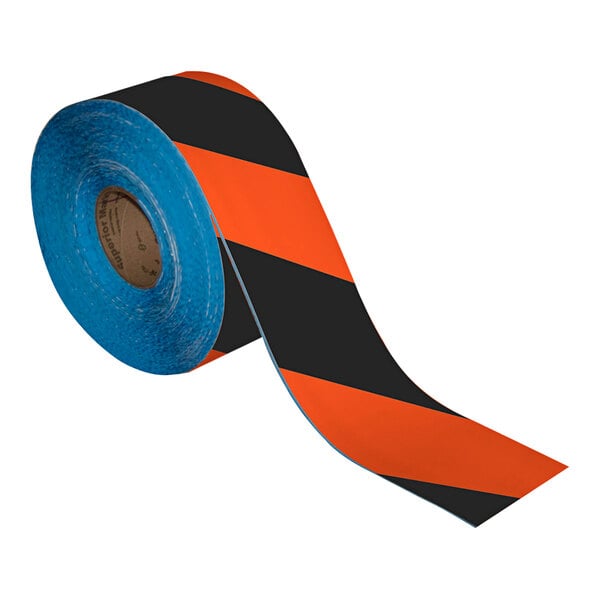 A roll of Superior Mark black and orange striped safety tape.