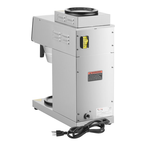 An Avantco silver automatic coffee machine with a black cord and a white base.