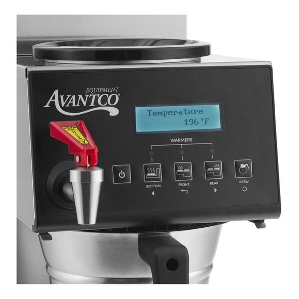 A digital automatic coffee maker with a display screen and multiple warmer buttons.