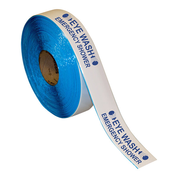 A roll of blue and white Superior Mark safety tape.