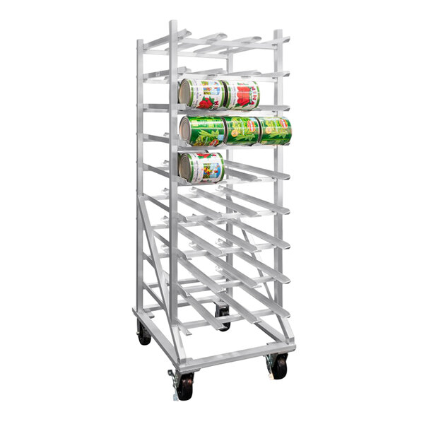 A New Age metal rack with cans on it.