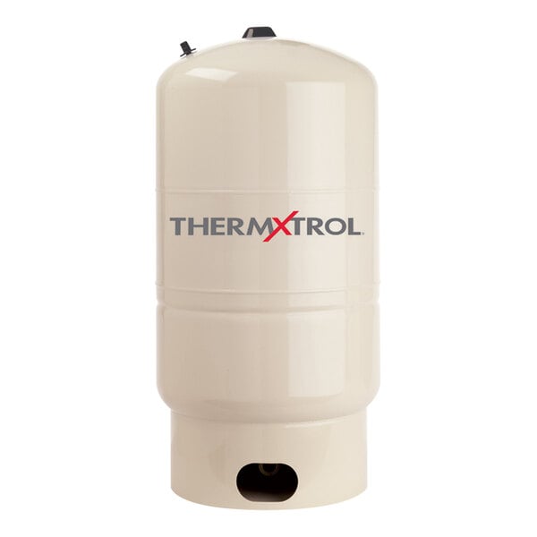 A white cylinder with a black handle and a red Amtrol logo.